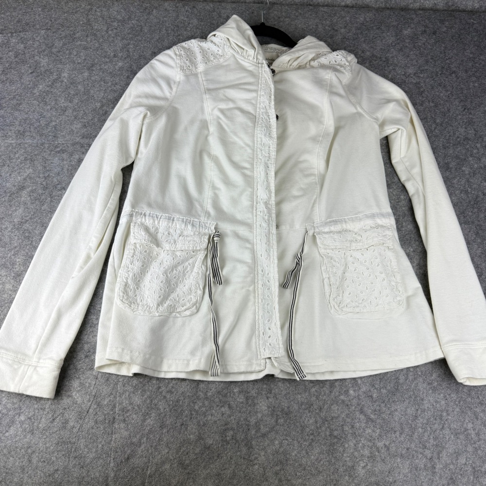 Saturday Sunday Anthropologie Ivory Eyelet Lace Trim Zip Hoodie Jacket Cream
